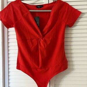 Bebe Red Twist-Front Short Sleeve Bodysuit